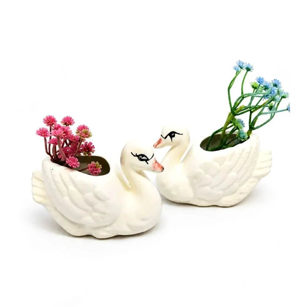 VINTAGE SWAN PLANTERS White Ceramic Pair Made In Japan MCM Bird Figurines